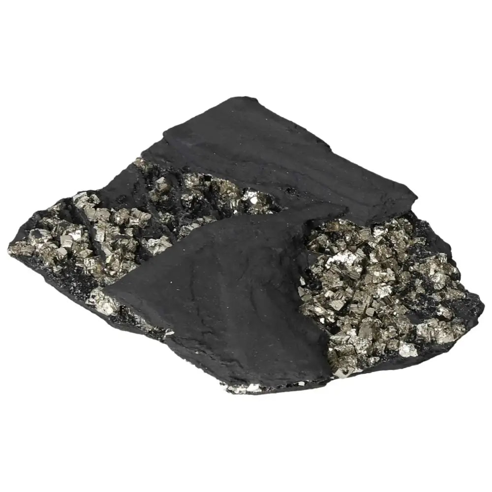 Pyrite with Basalt gemstone by Sylvia Crystals, showcasing its unique texture and sheen.
