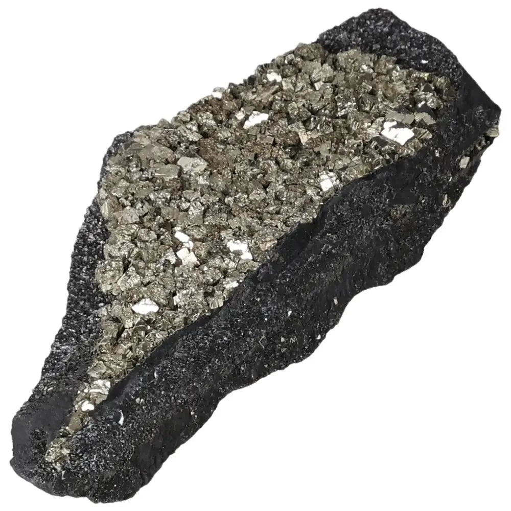 Pyrite With Basalt stone from Sylvia Crystals, showcasing glittering pyrite atop dark basalt for mental clarity and prosperity.