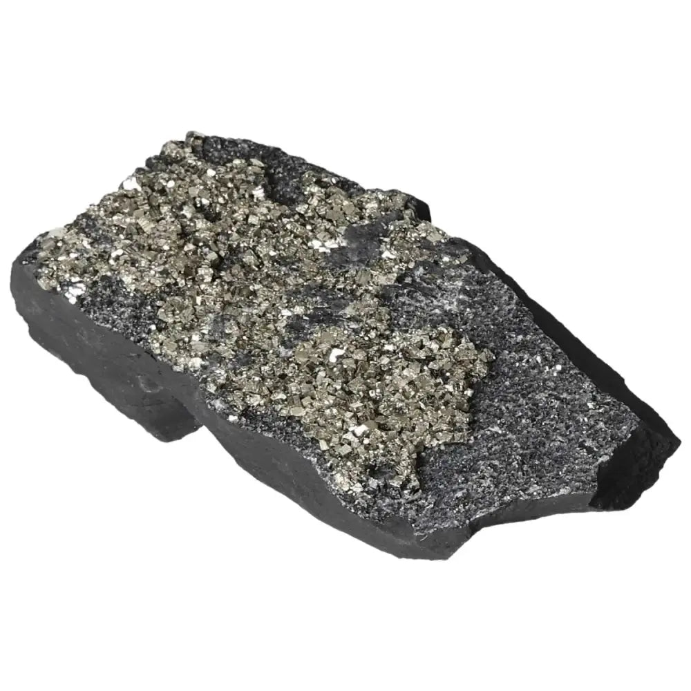 Pyrite with Basalt crystal from Sylvia Crystals, enhancing courage and independence, shown with metallic luster on dark stone.