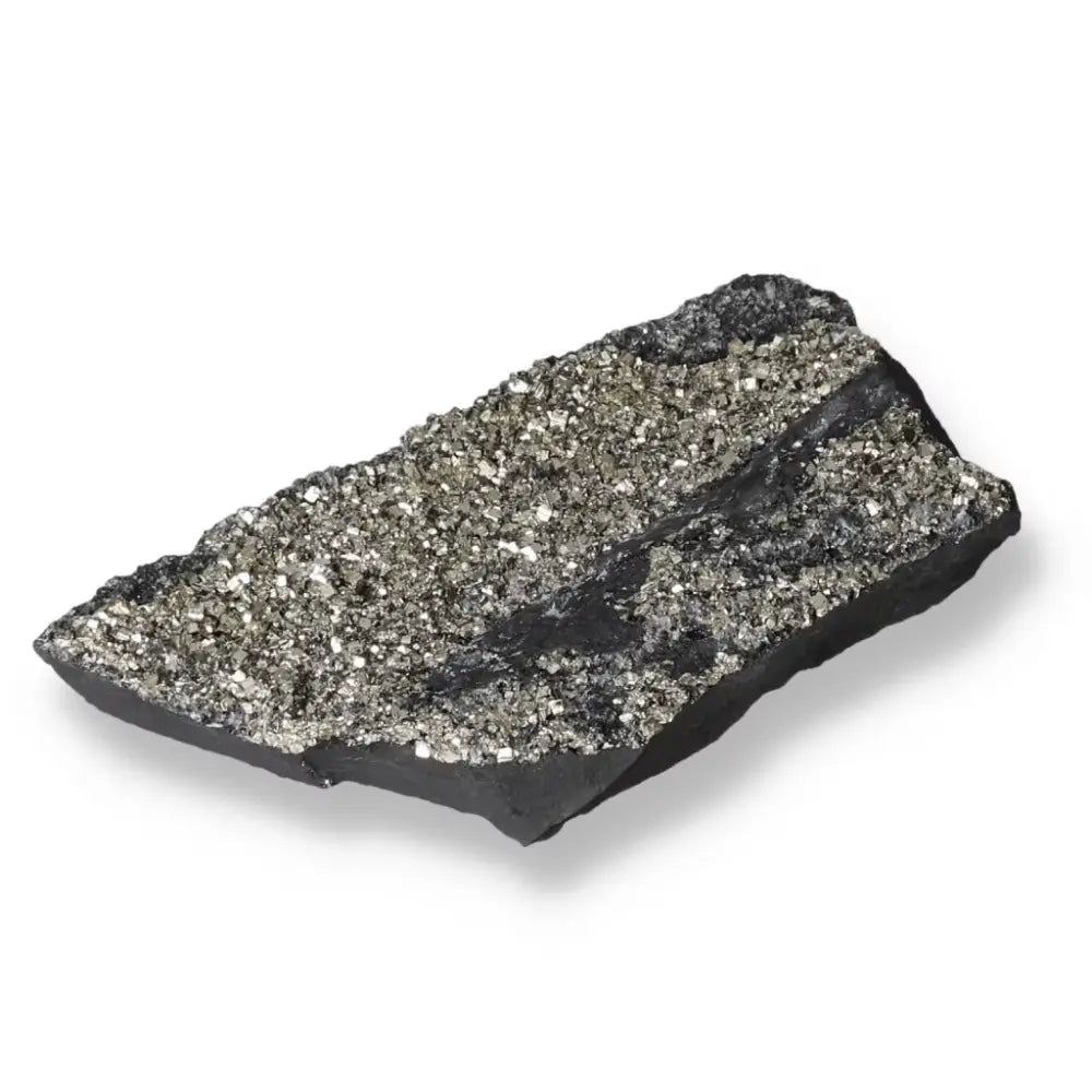 Close-up of Pyrite With Basalt, a premium crystal from Sylvia Crystals, highlighting its shimmering pyrite against dark basalt.