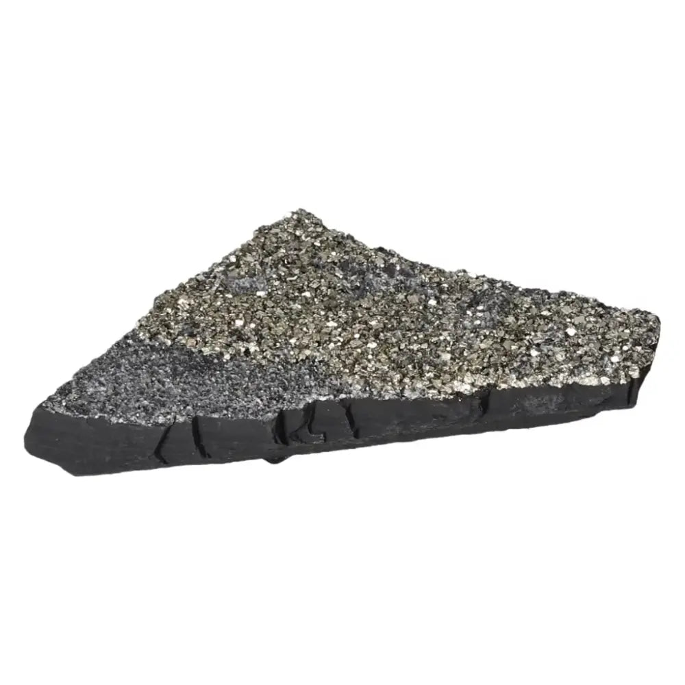 "Pyrite with Basalt crystal, shimmering golden hue, enhances independence and confidence in personal growth journey."