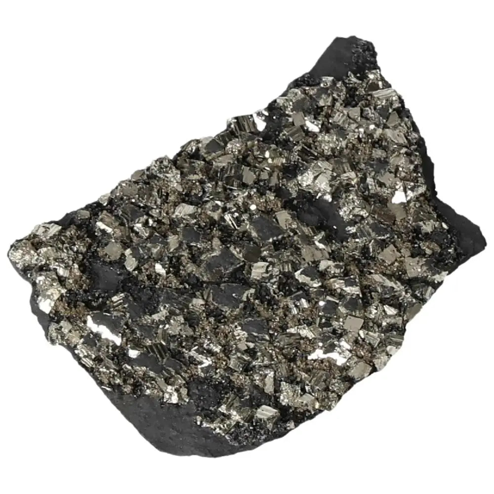 Pyrite with basalt crystal by Sylvia Crystals, ideal for transformation and empowerment, featuring sparkling metallic pyrite on dark basalt.