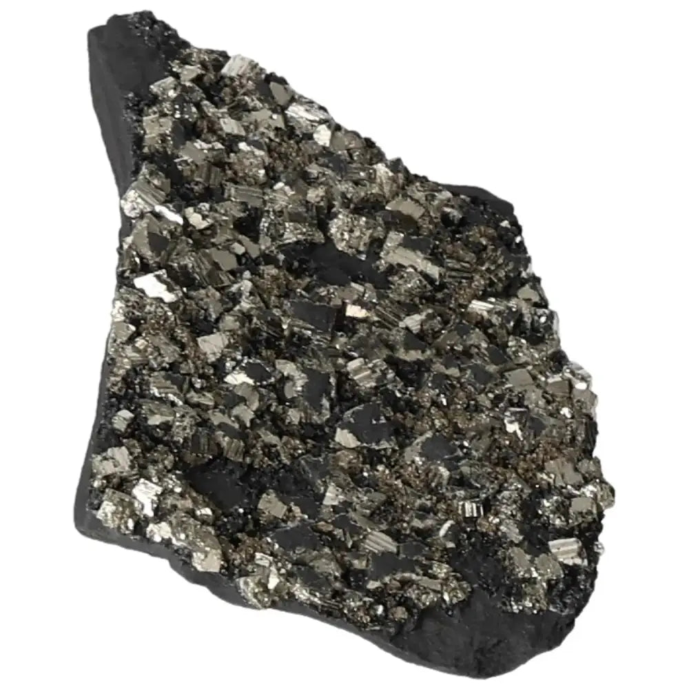 Sparkling Pyrite with Basalt crystal, showcasing unique textures and a blend of grounding and empowering energies for transformation.