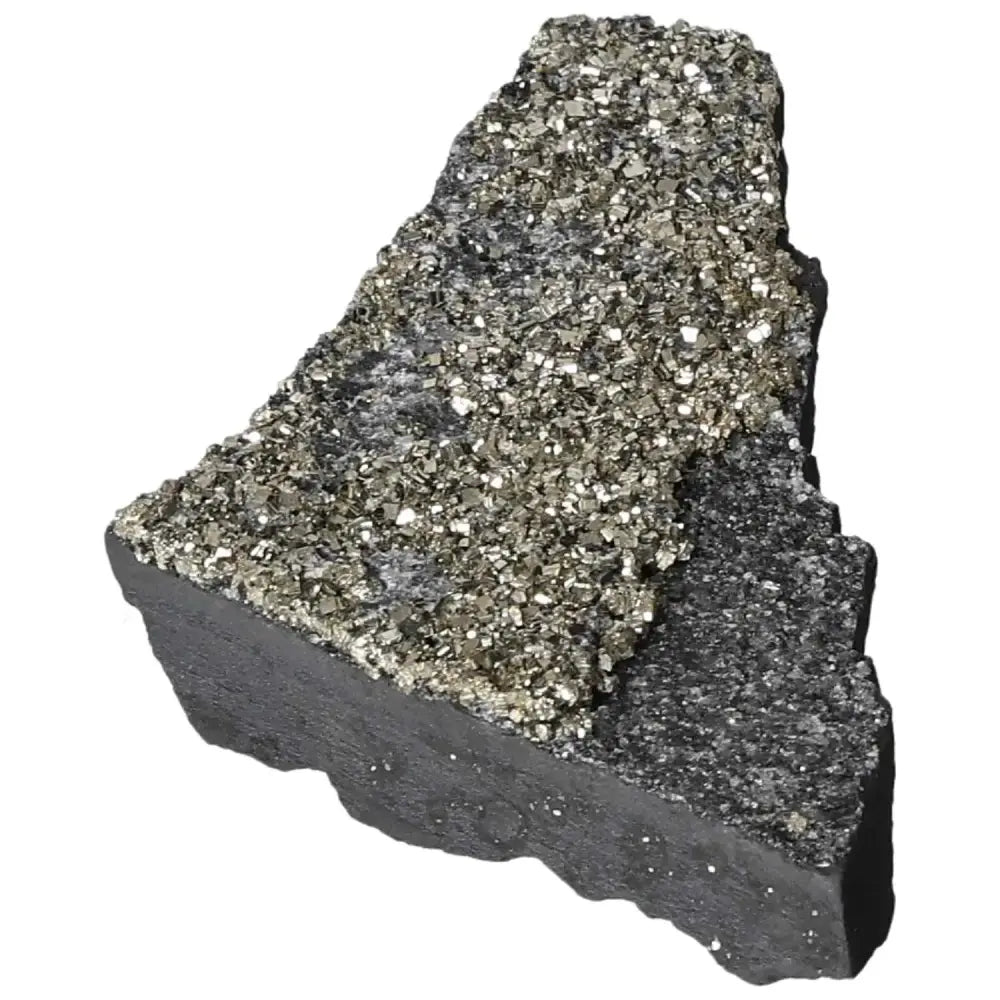 Close-up of Pyrite with Basalt stone showing glistening golden hue on a basalt base, enhancing confidence and personal growth.