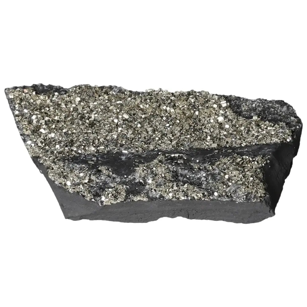 Pyrite with basalt stone from Sylvia Crystals, shimmering surface, ideal for personal growth and empowerment.