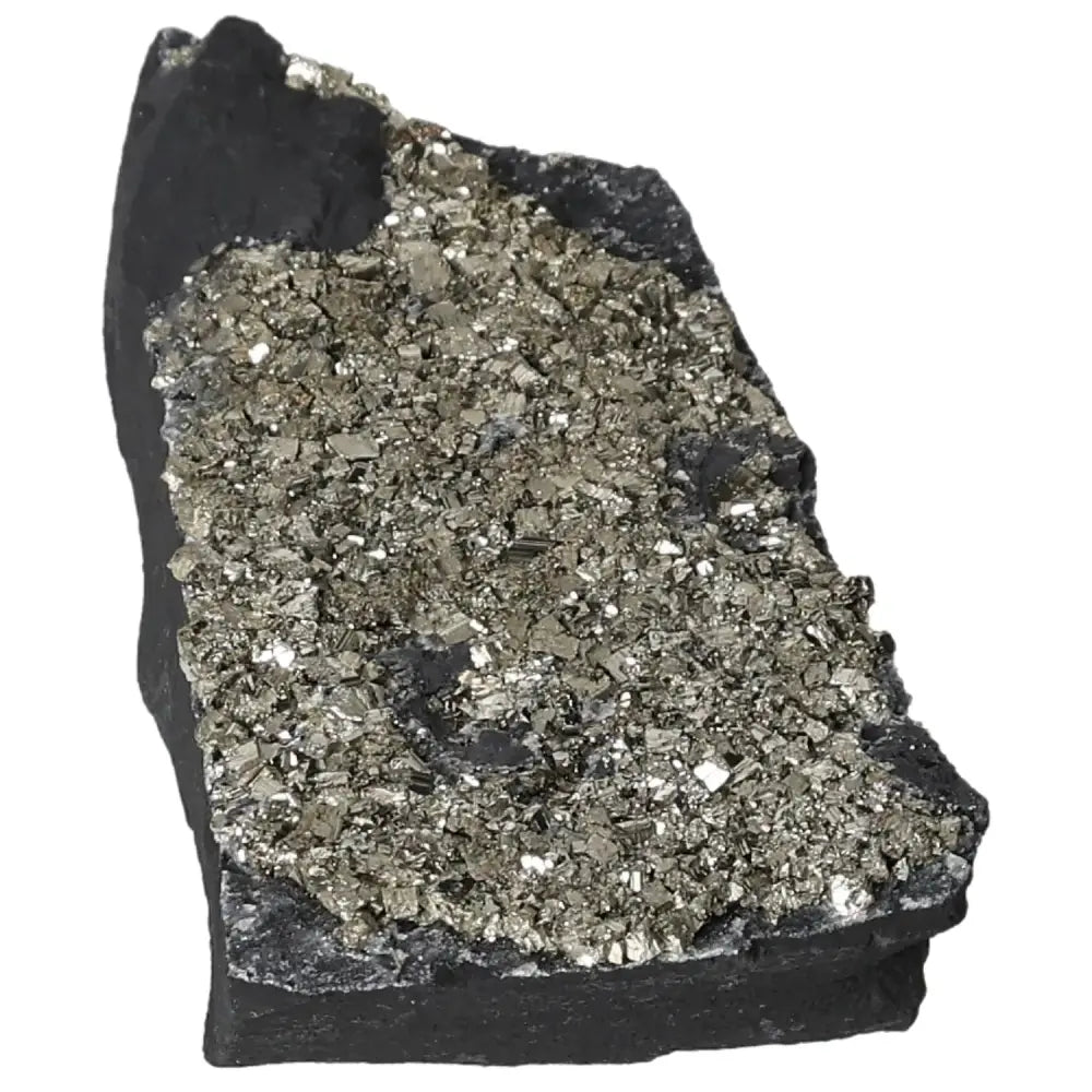 Pyrite with Basalt from Sylvia Crystals, featuring sparkling pyrite on a dark basalt matrix. Ideal for creativity and grounding.