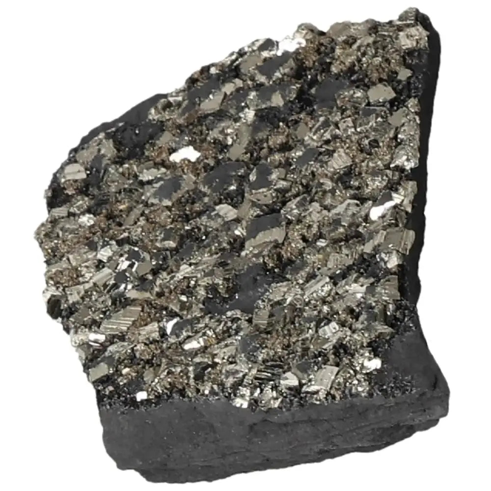 Pyrite with basalt crystal by Sylvia Crystals, featuring metallic sheen and natural texture, ideal for transformation and empowerment.