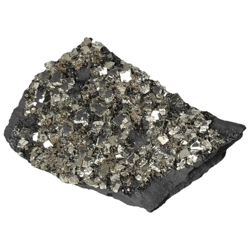 Pyrite with basalt crystal, combining grounding basalt and empowering pyrite, ideal for transformation and overcoming challenges.