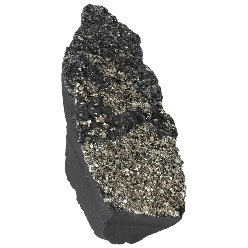 Close-up of Pyrite with Basalt crystal showcasing glittering textures for luxury and spiritual enhancement by Sylvia Crystals.