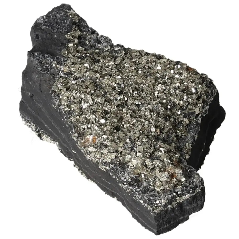 Pyrite with Basalt crystal, luxurious mineral duo from Sylvia Crystals, enhancing confidence and transformation.