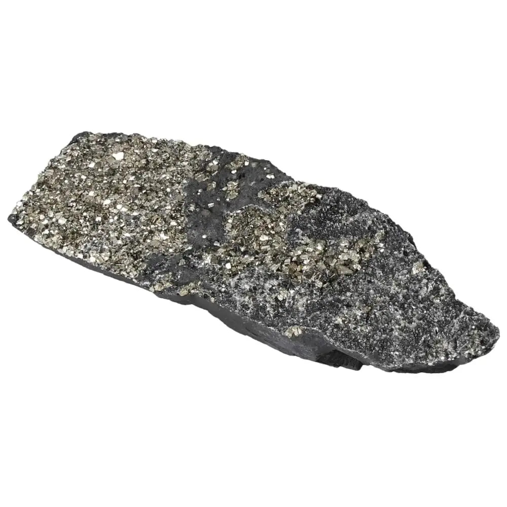 Close-up of Pyrite with Basalt crystal, showcasing sparkling "Fool's Gold" on dark rock, enhancing spiritual and grounding properties.