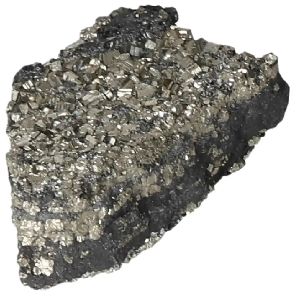"Pyrite with Basalt crystal displaying metallic luster, symbolizing wealth and independence from Sylvia Crystals."