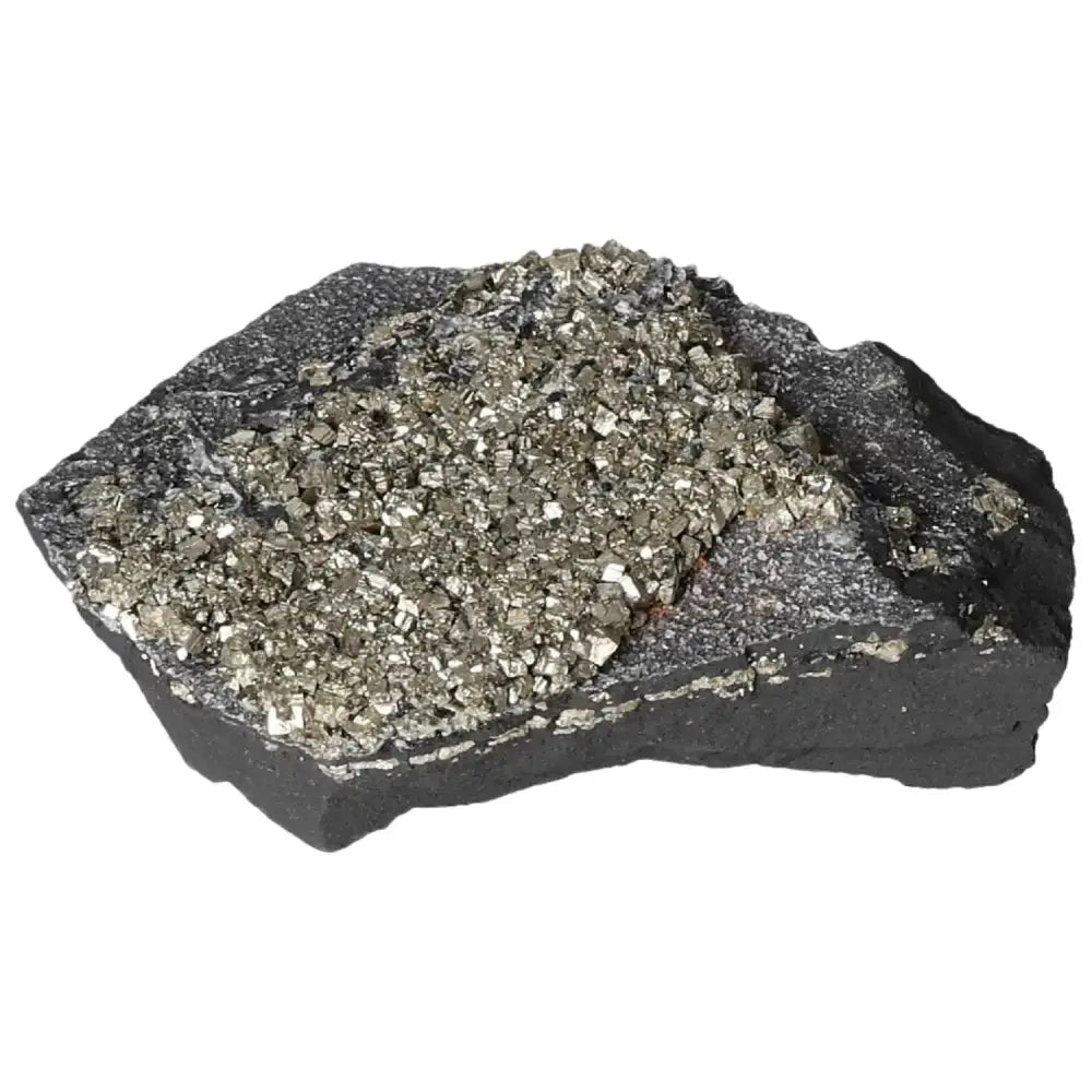 Pyrite with basalt stone featuring golden shimmer, enhancing personal growth and responsibility, from Sylvia Crystals.
