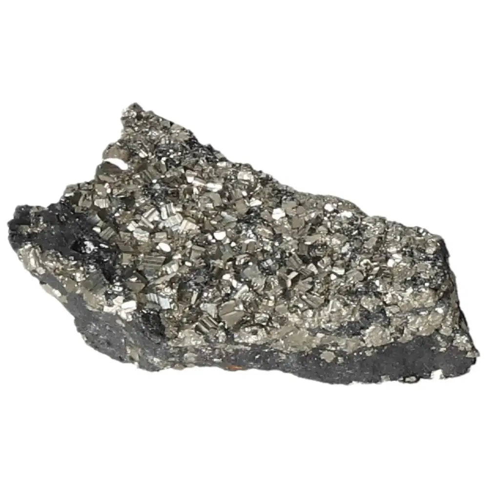 Pyrite with Basalt crystal, showcasing metallic luster, symbolizes wealth and courage. Ideal for transforming personal challenges.