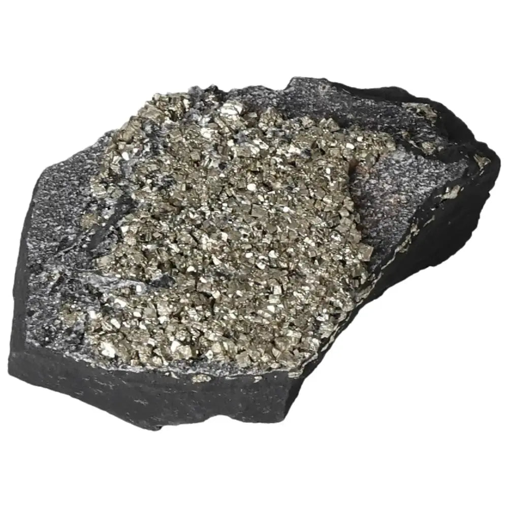 Golden pyrite crystals embedded in dark basalt stone from Sylvia Crystals, promoting growth and overcoming fear of failure.