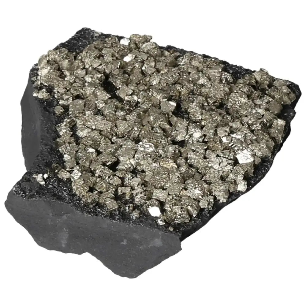 Pyrite on basalt stone, showcasing crystal formations, symbolizing energy and grounding, ideal for personal growth and transformation.