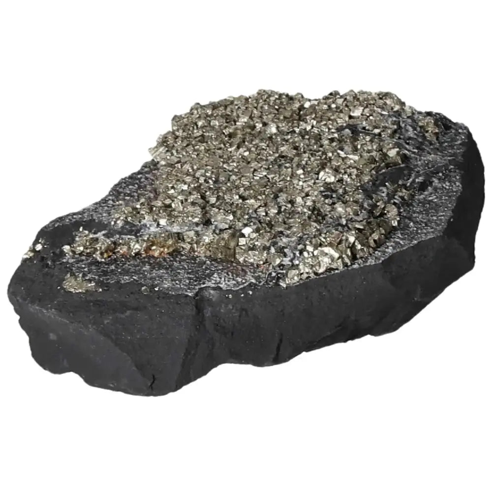 Pyrite with Basalt crystal from Sylvia Crystals, showcasing golden shimmer and grounding energy, ideal for personal growth.