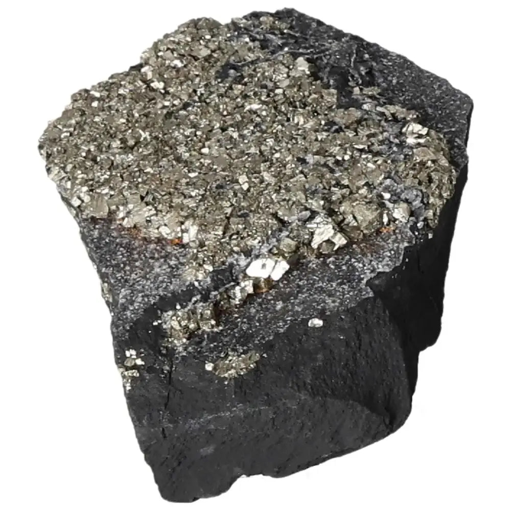Pyrite with basalt stone showcasing golden shimmer, promoting growth and confidence; premium Sylvia Crystals product.