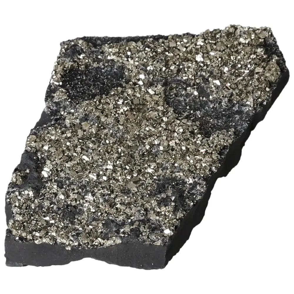 Alt Tag: Pyrite with Basalt crystal from Sylvia Crystals, showcasing the shimmering fool's gold against dark basalt background for grounding.