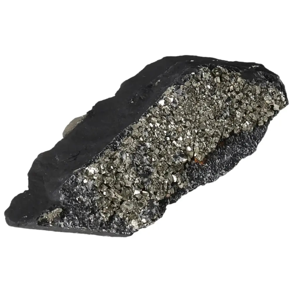 Pyrite with Basalt stone from Sylvia Crystals, showcasing natural beauty and spiritual luxury for mental independence.