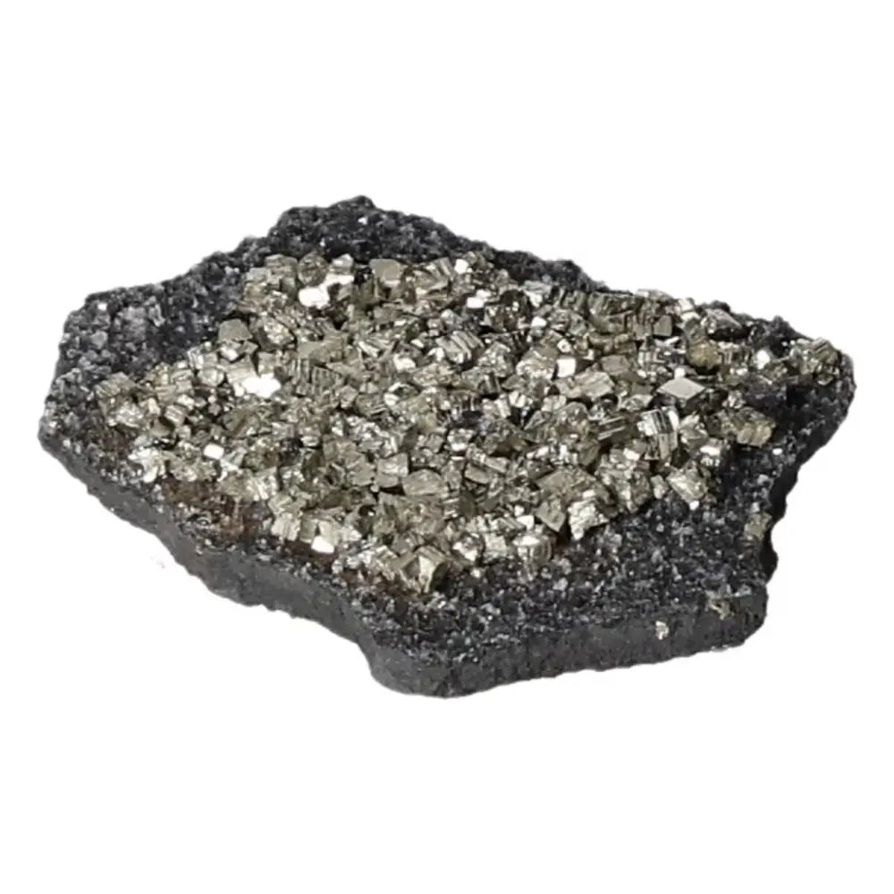 Pyrite with Basalt gemstone from Sylvia Crystals, symbolizing mental and material independence, creativity, and overcoming fear.