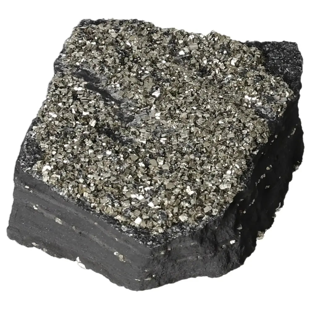 Close-up of a Pyrite with Basalt crystal showcasing sparkling gold tones atop dark stone, symbolizing wealth and grounding energy.