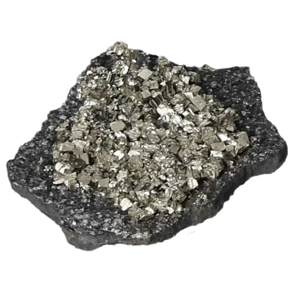 Pyrite with basalt gemstone showcasing creativity and independence, available at Sylvia Crystals. Unique blend for mental empowerment.