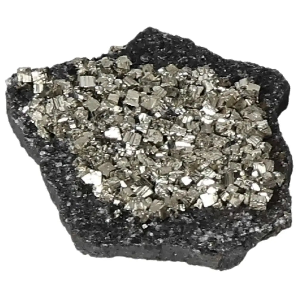 Pyrite with basalt crystal from Sylvia Crystals, showcasing a blend of sparkly pyrite on dark basalt, symbolizing creativity and independence.