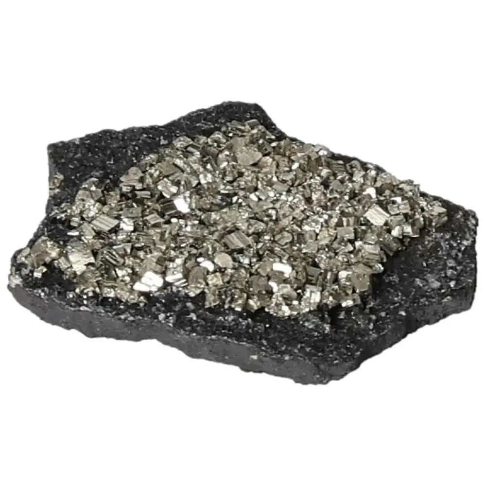 Pyrite with basalt gemstone from Sylvia Crystals, promoting creativity and innovation, ideal for overcoming fear of failure.