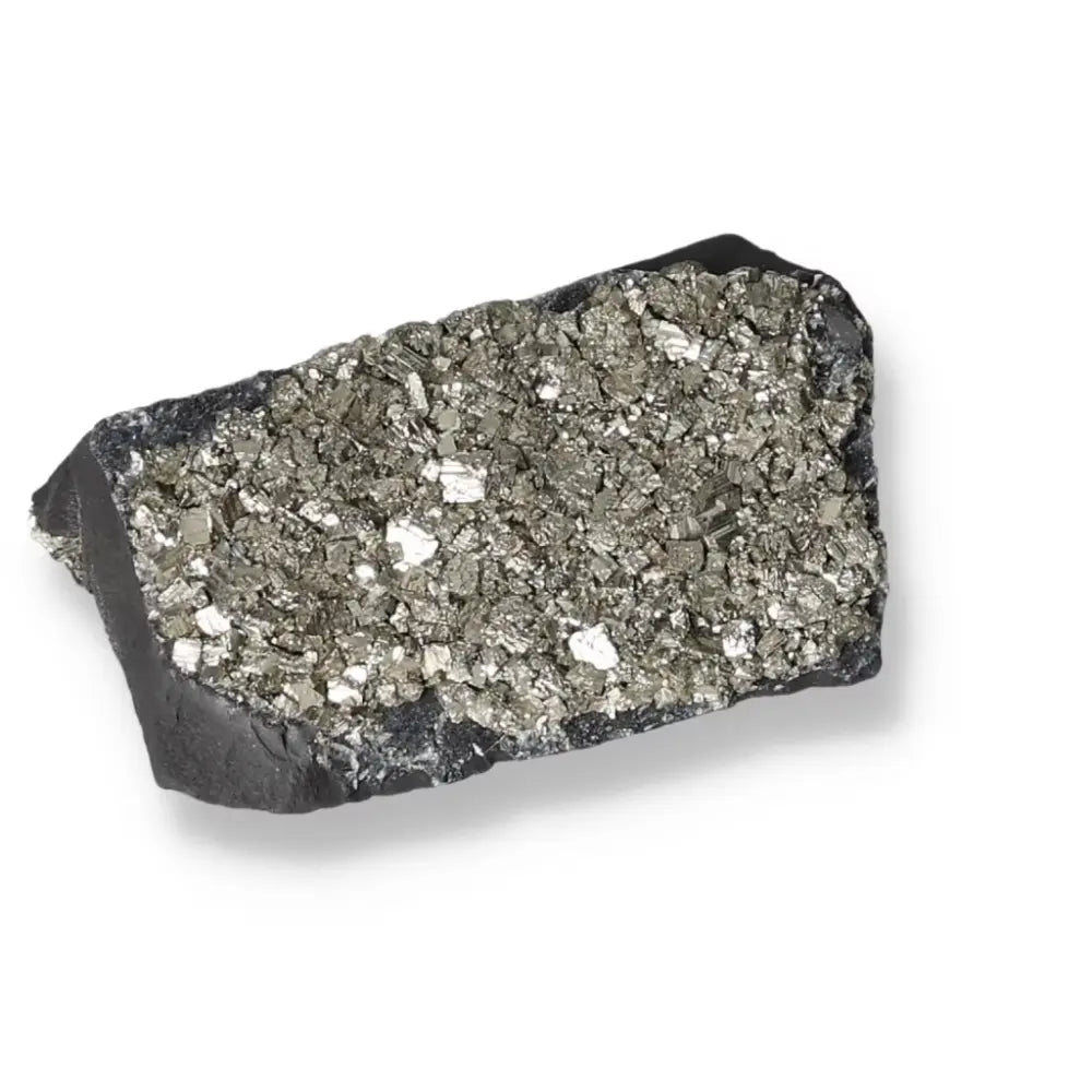 Pyrite with Basalt crystal showcasing metallic luster, ideal for transformation and empowerment from Sylvia Crystals.