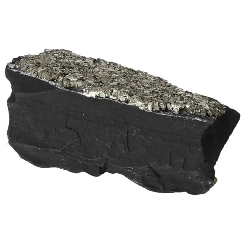 Close-up of Pyrite With Basalt mineral from Sylvia Crystals, showcasing metallic luster and dark textured stone, ideal for transformation.