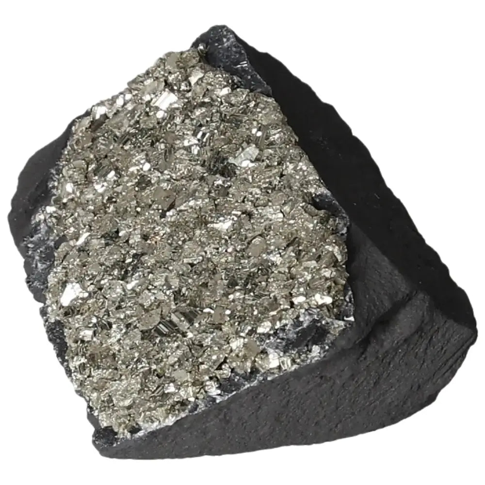 Pyrite with Basalt crystal showcasing sparkling "Fool's Gold" on dark stone base, promoting transformation and empowerment.