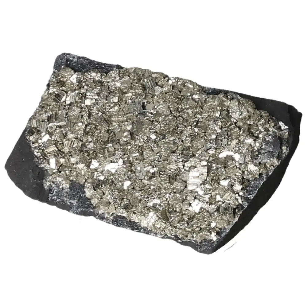 Glittering pyrite with dark basalt, showcasing the unique blend of "Fool's Gold" and basalt for transformation and empowerment.