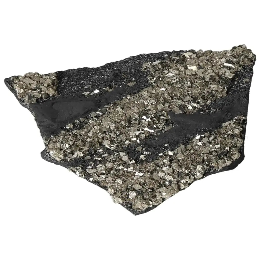 Close-up of Pyrite with Basalt crystal from Sylvia Crystals, featuring shimmering gold pyrite against dark basalt for spiritual growth.