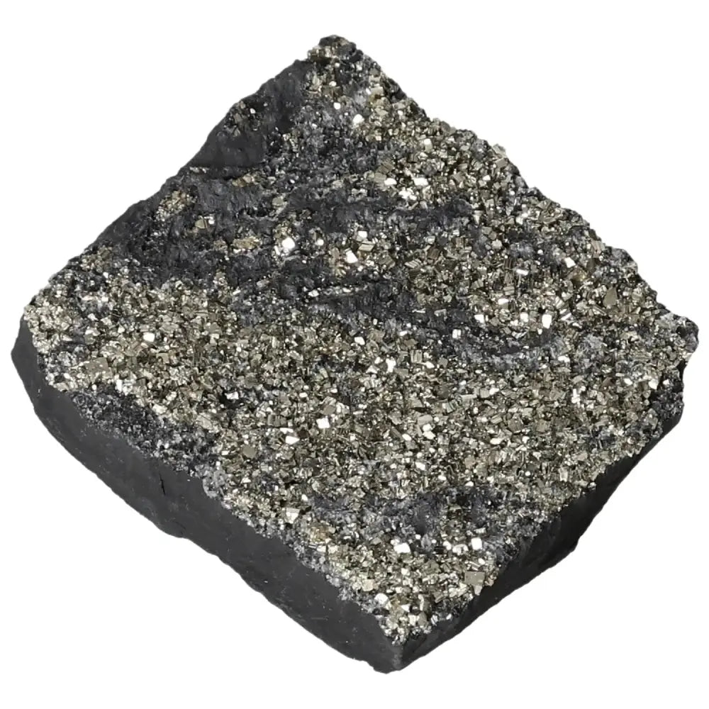 Pyrite With Basalt stone from Sylvia Crystals, highlighting its shimmering surface and grounding properties.