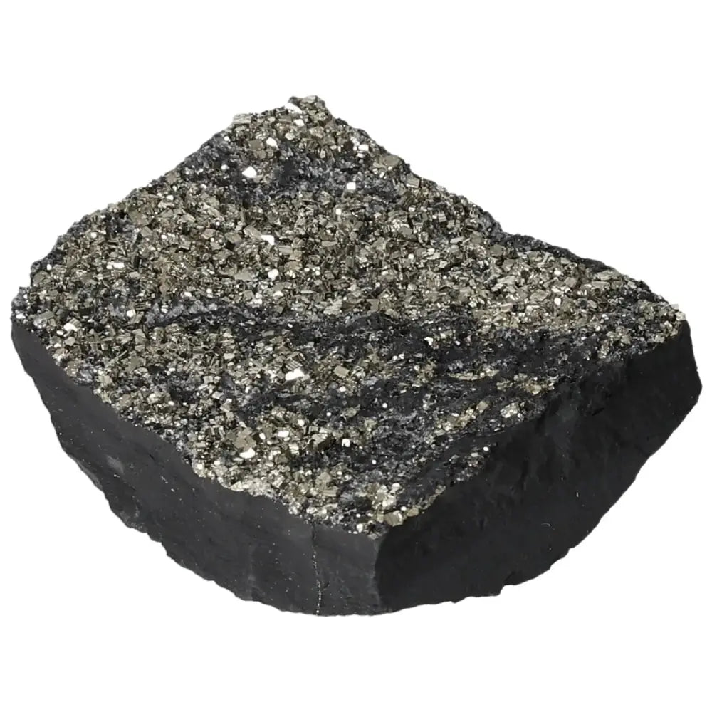Pyrite with basalt crystal from Sylvia Crystals, showcasing metallic luster and grounding properties.