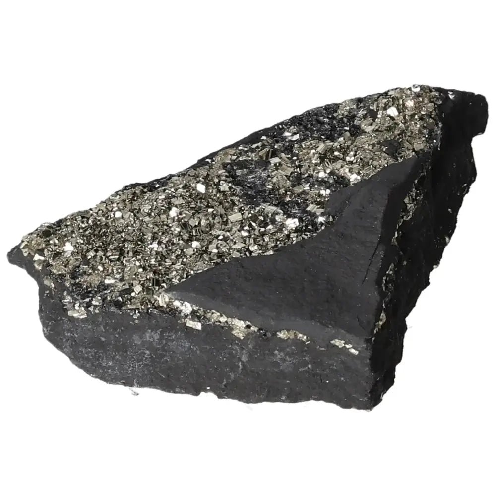 Pyrite with basalt stone from Sylvia Crystals, promoting self-reliance and creativity. Perfect for spiritual and personal growth.