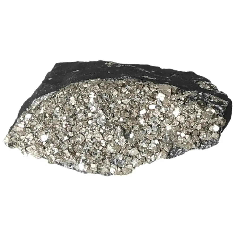 Pyrite with Basalt crystal from Sylvia Crystals, showcasing its luxurious golden sparkle and transformative energy benefits.