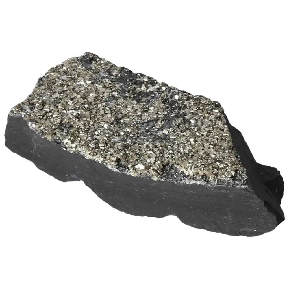 Lustrous Pyrite with Basalt stone from Sylvia Crystals, showcasing natural blend and grounding properties.