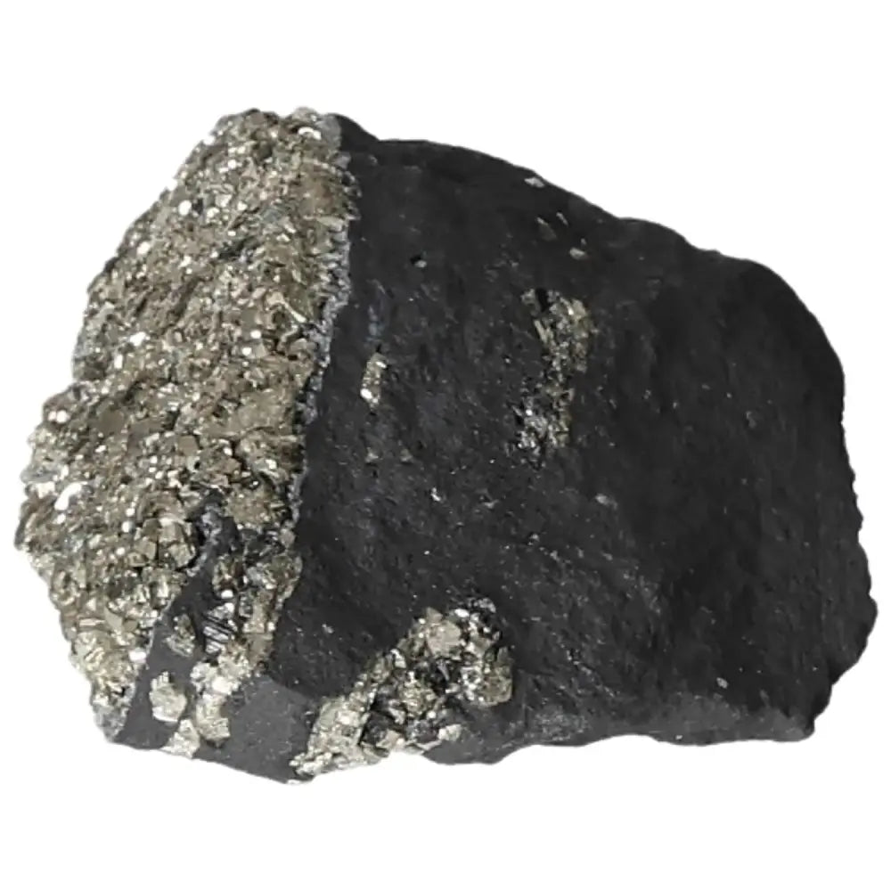 Close-up of Sylvia Crystals' premium Pyrite with Basalt, showcasing shimmering gold and black textures for luxury and transformation.