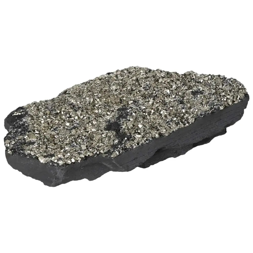 Shimmering Pyrite with Basalt crystal slab, offered by Sylvia Crystals, enhances confidence and personal growth.