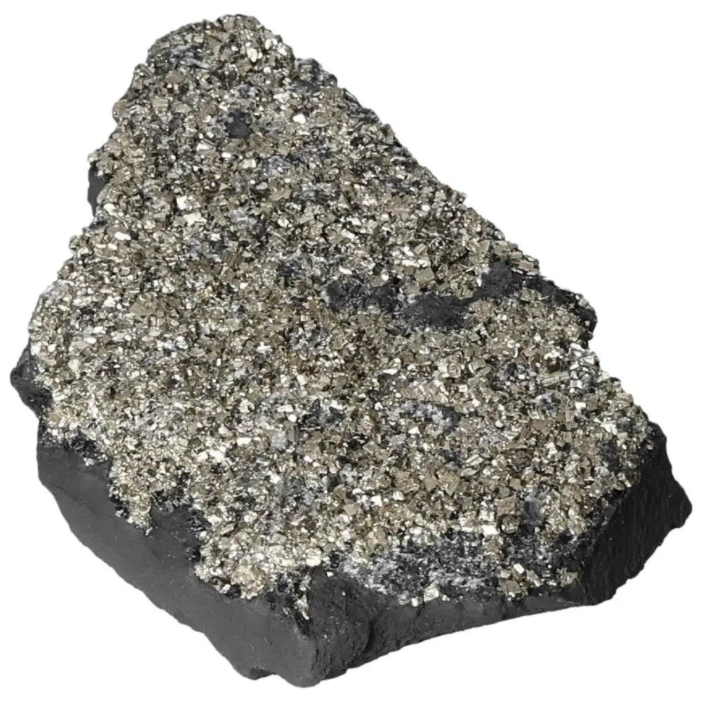 Pyrite with Basalt crystal, showcasing shimmering pyrite atop grounding basalt, ideal for enhancing self-worth and personal growth.
