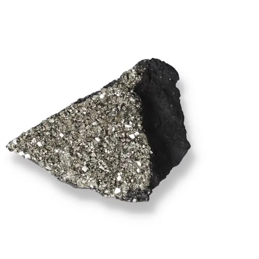 Pyrite with Basalt crystal from Sylvia Crystals showcasing luxury and spirituality, combining dynamic and grounding energies.