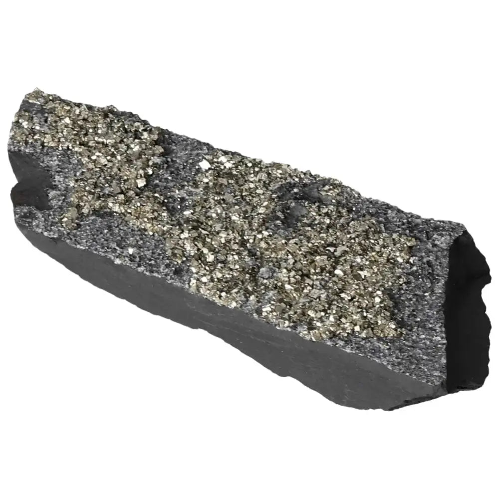Pyrite With Basalt crystal from Sylvia Crystals, a metallic mineral reflection on dark basalt base, enhances creativity and confidence.