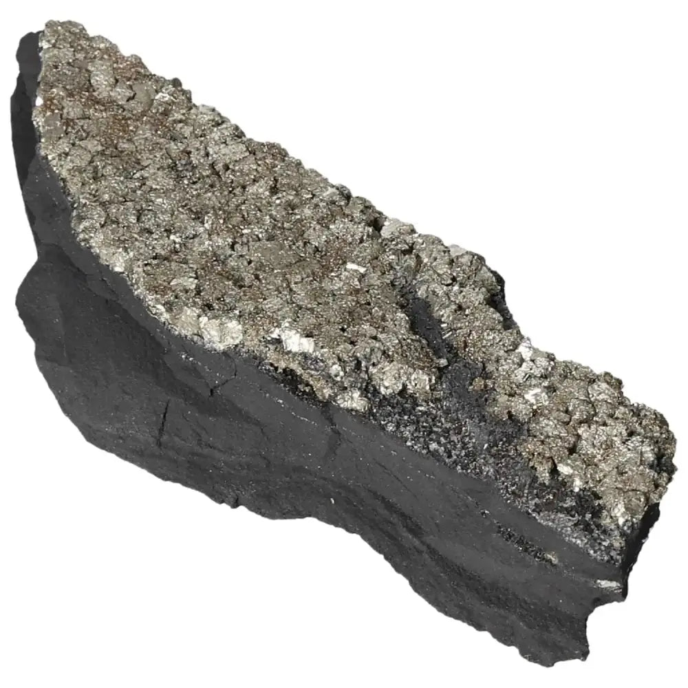 Close-up of Pyrite With Basalt crystal pairing from Sylvia Crystals, highlighting its shimmering surface and distinctive texture.