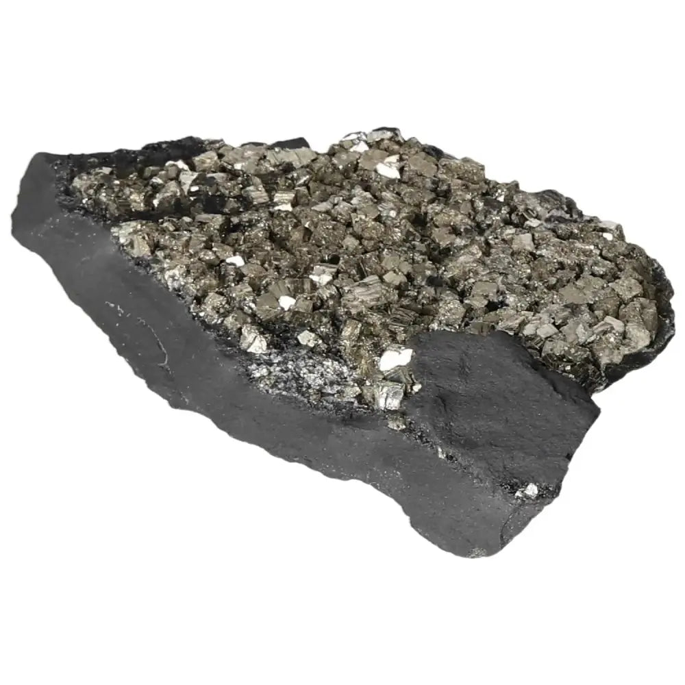 Pyrite with basalt rock from Sylvia Crystals, showcasing vibrant pyrite crystals and grounding basalt, perfect for personal empowerment.