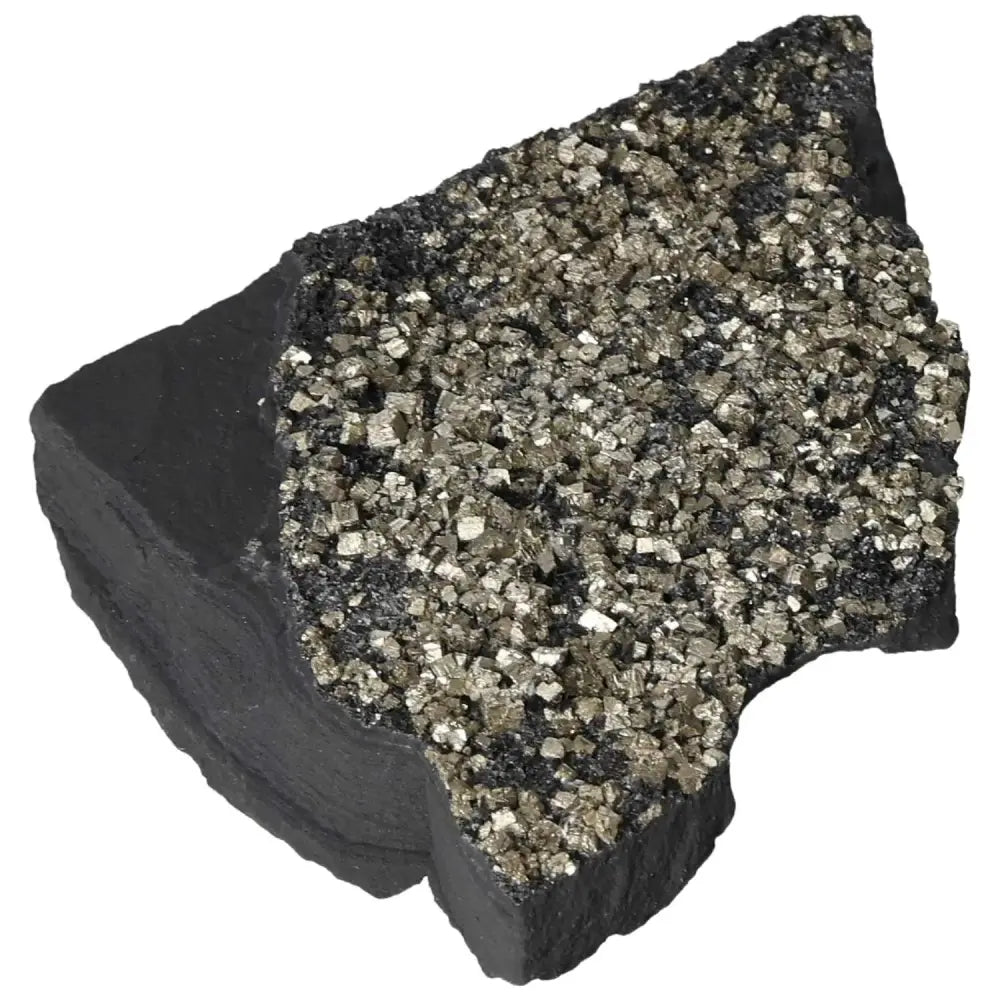 Premium Pyrite with Basalt Mineral Display from Sylvia Crystals, Showcasing Exquisite Golden and Black Texture for Spiritual Empowerment.