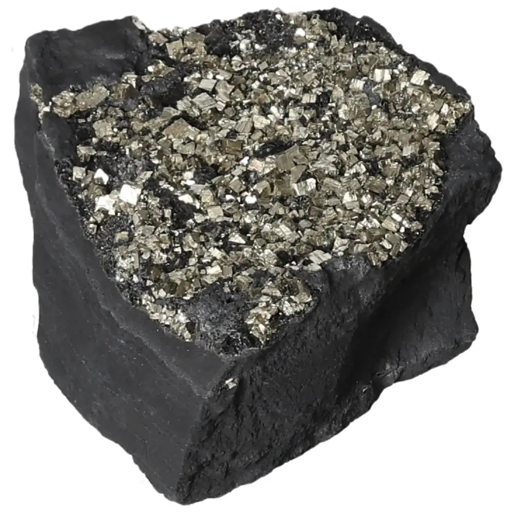 Close-up of Pyrite With Basalt crystal, showcasing sparkling pyrite embedded in dark basalt, aligning with spiritual and material energies.