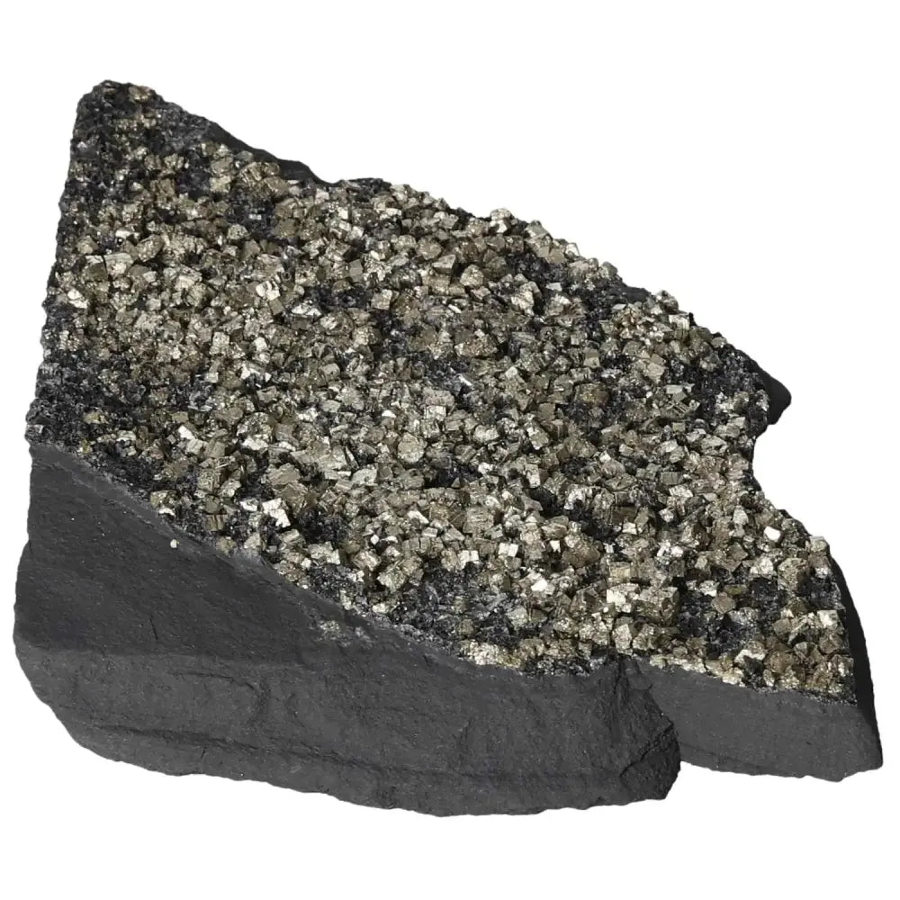Pyrite with Basalt mineral, embodying luxury and empowerment, available at Sylvia Crystals. Ideal for confidence and spirituality.