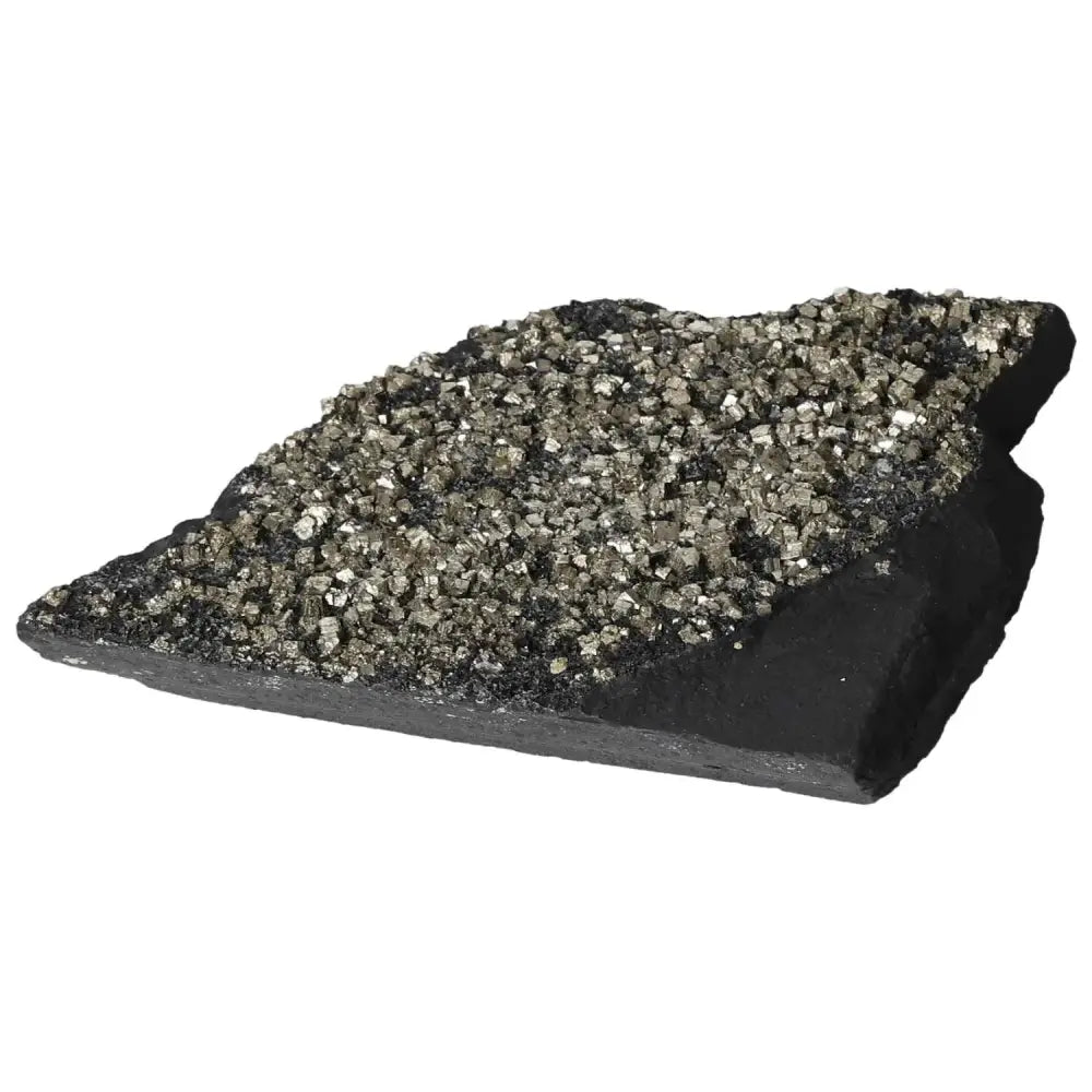 Pyrite with Basalt mineral cluster from Sylvia Crystals, showcasing sparkling crystals and dark basalt base, symbolizing empowerment.